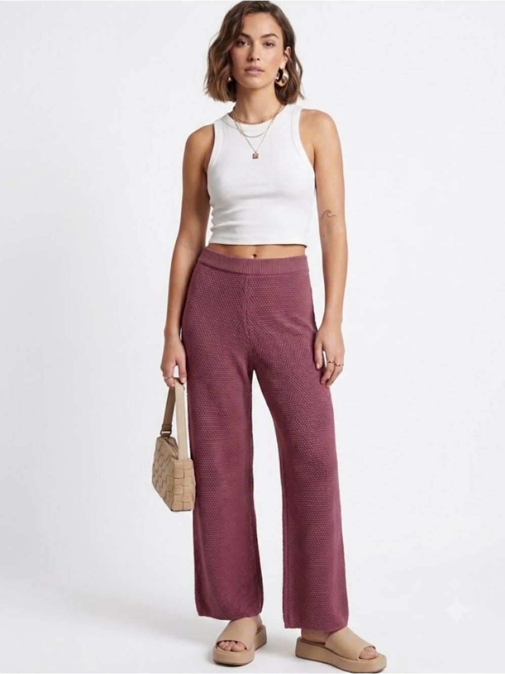 Free People FP Beach Hailee Sweater Pants Size S Wide Waffle Purple